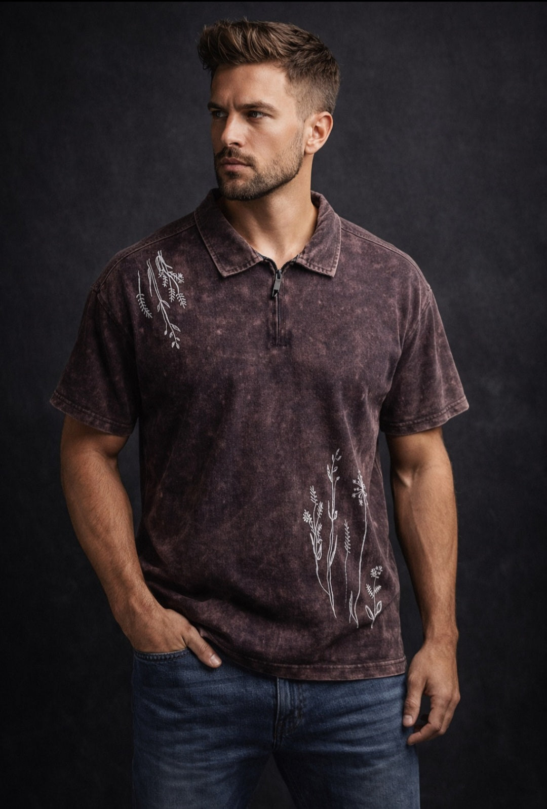 Men’s Botanical Polo Washed T-Shirt with Zip Collar