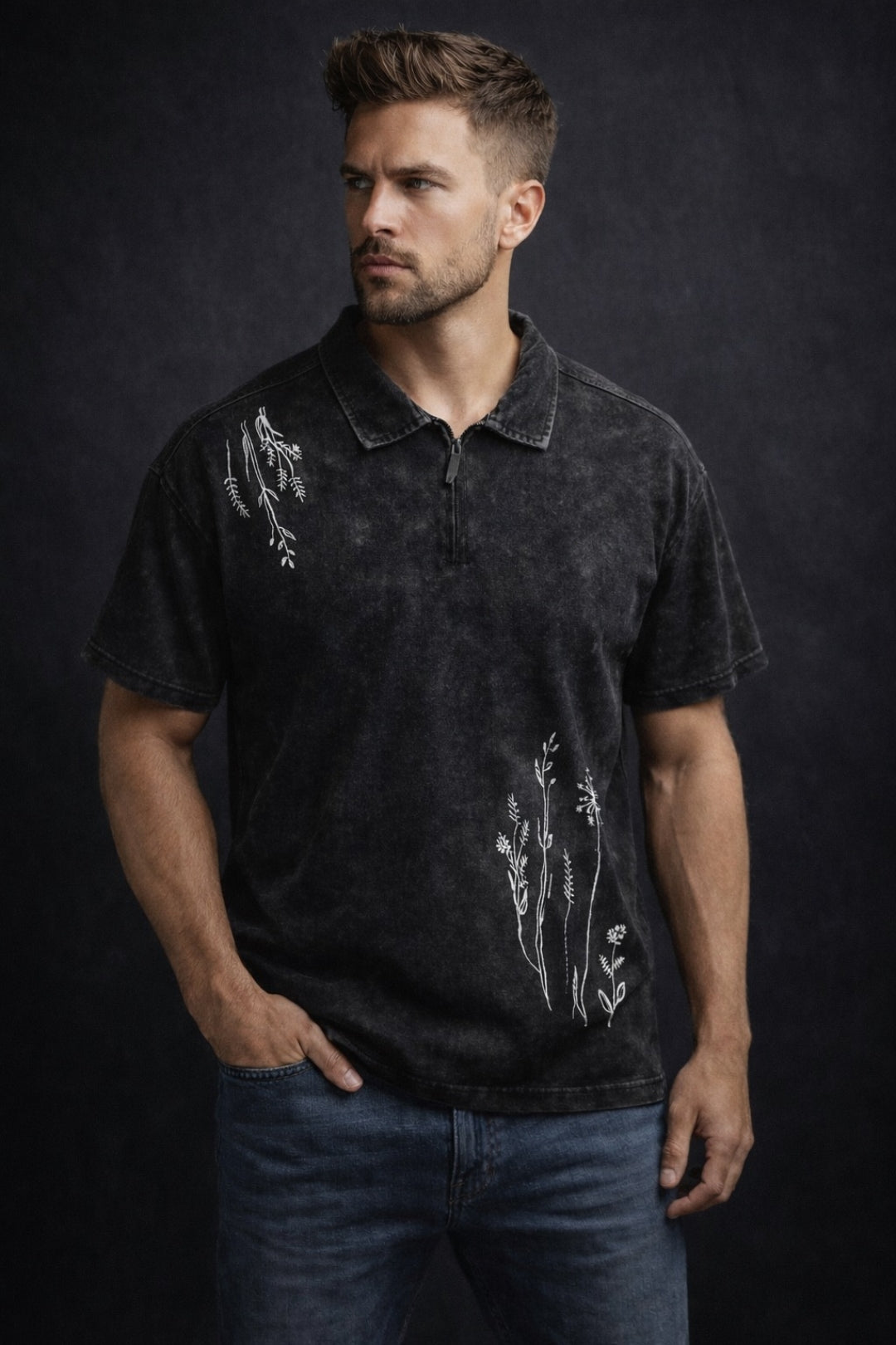 Men’s Botanical Polo Washed T-Shirt with Zip Collar