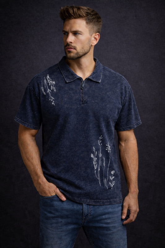 Men’s Botanical Polo Washed T-Shirt with Zip Collar