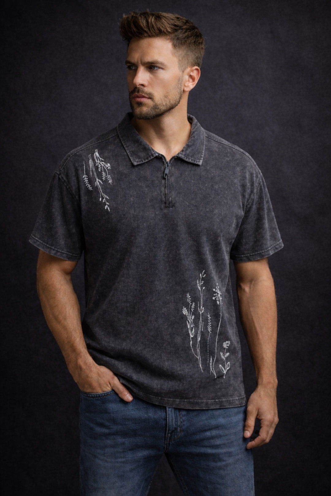 Men’s Botanical Polo Washed T-Shirt with Zip Collar
