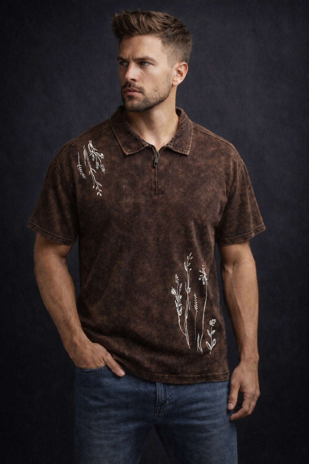 Men’s Botanical Polo Washed T-Shirt with Zip Collar