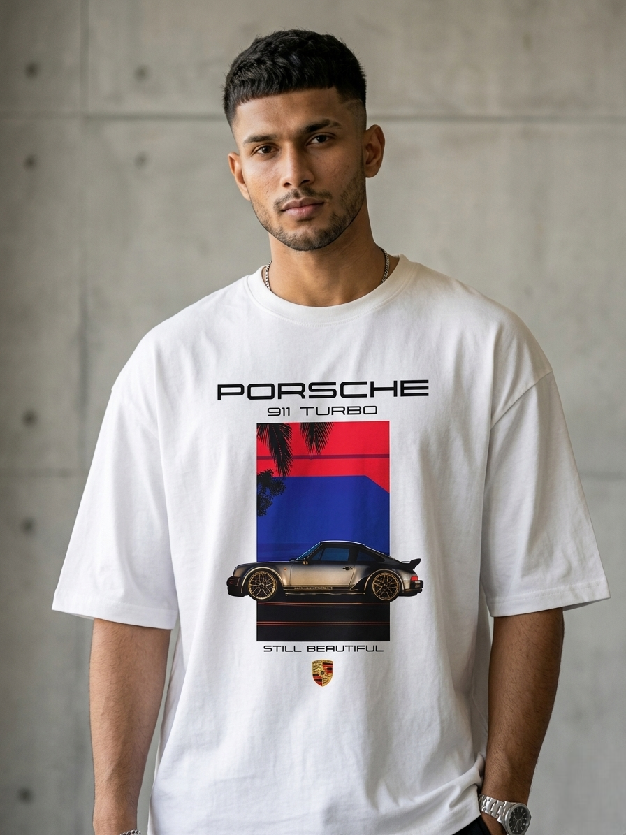 Premium Oversized Porsche Graphic T-Shirt – White