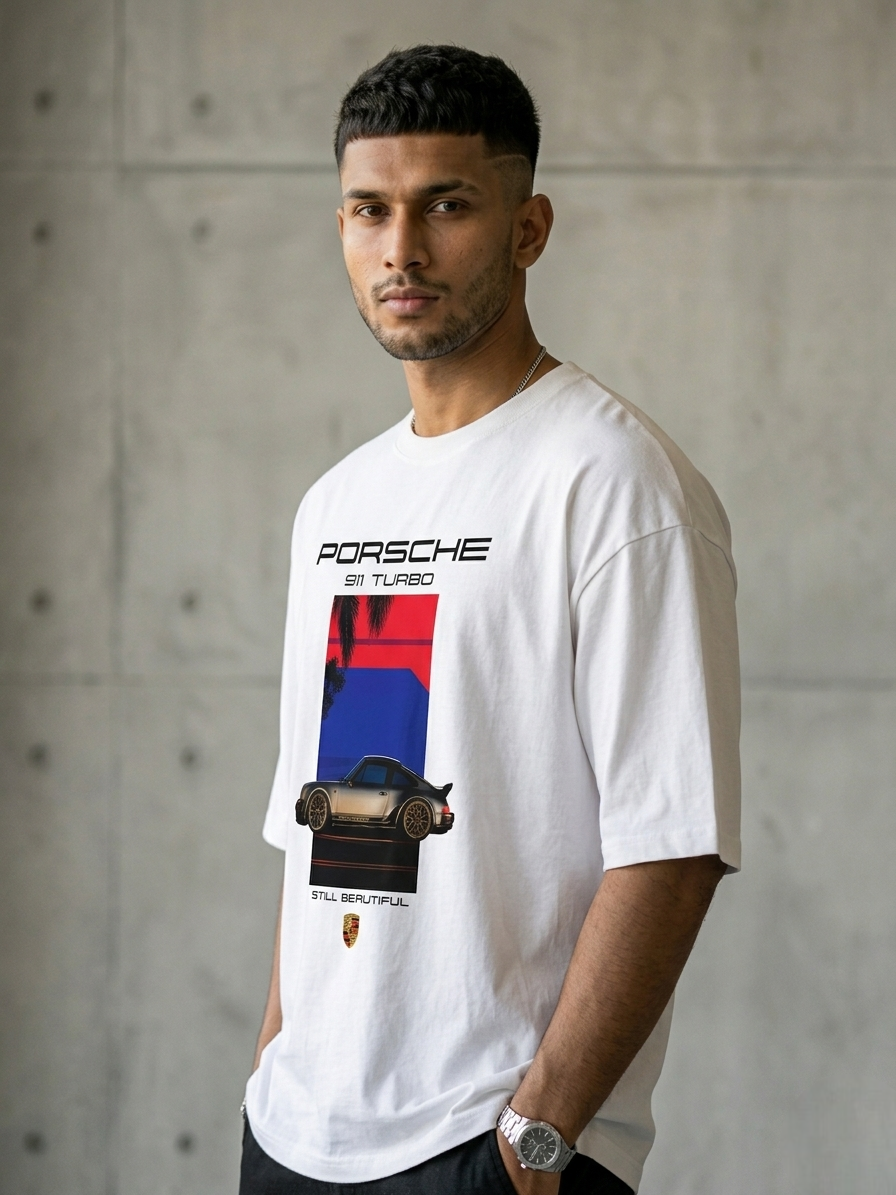 Premium Oversized Porsche Graphic T-Shirt – White