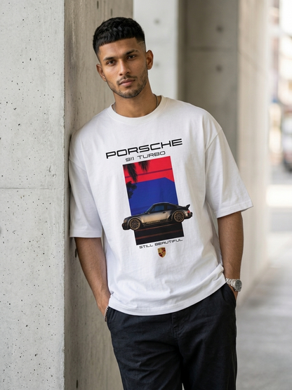 Premium Oversized Porsche Graphic T-Shirt – White