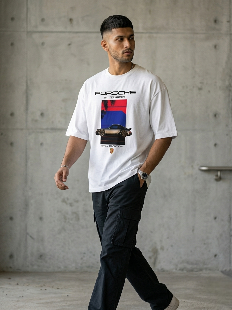 Premium Oversized Porsche Graphic T-Shirt – White