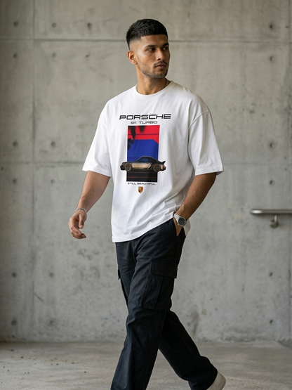 Premium Oversized Porsche Graphic T-Shirt – White