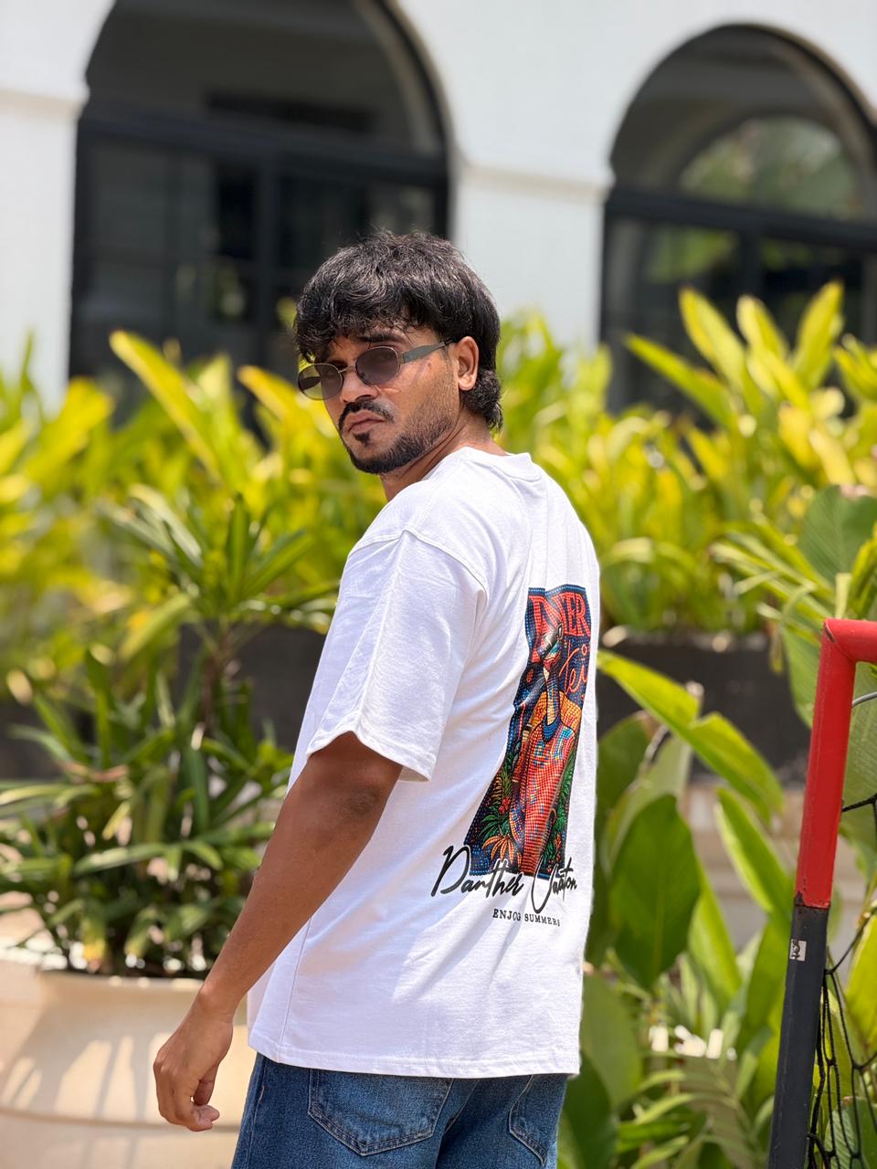 White panther Print Oversized T-Shirt